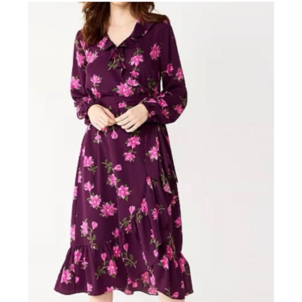 Draper James RSVP Plus Size XXL Plum Multicolor Floral Ruffle Wrap Lined Midi Dr
